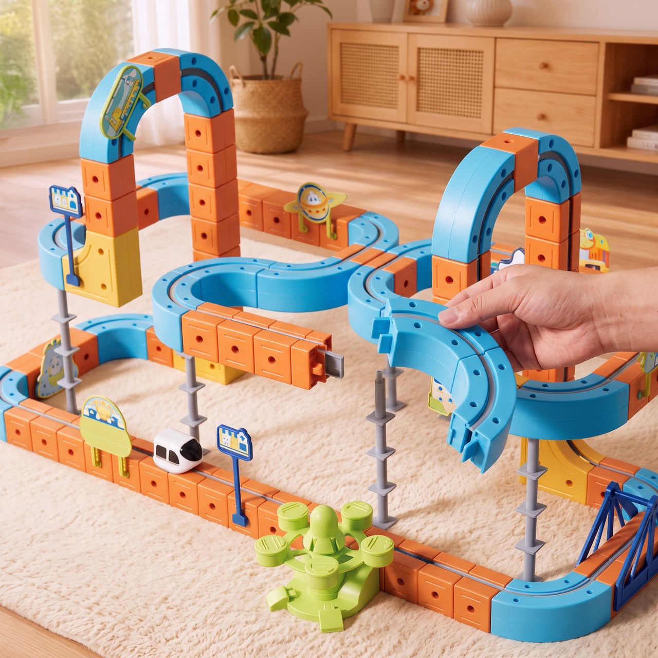 Close-up of magnetic track blocks, blue rails and the white electric train
