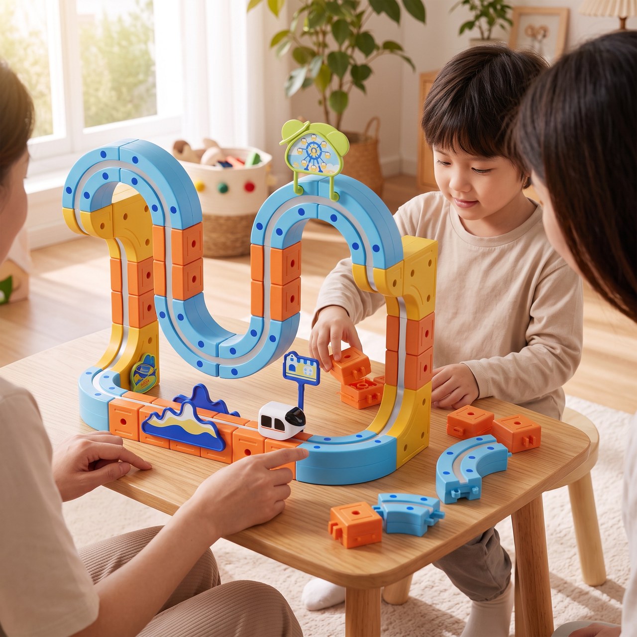 Parent and child choosing magnetic track blocks for a new railway