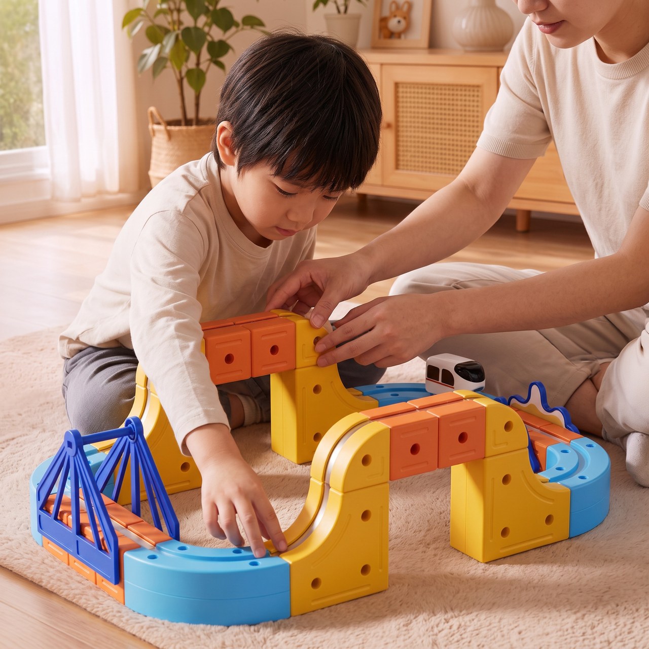 Hands reconnecting magnetic track blocks to change a railway route