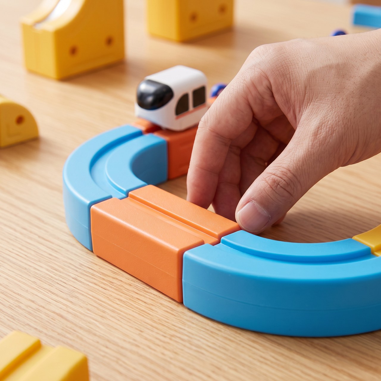 Parent and child building a magnetic railway