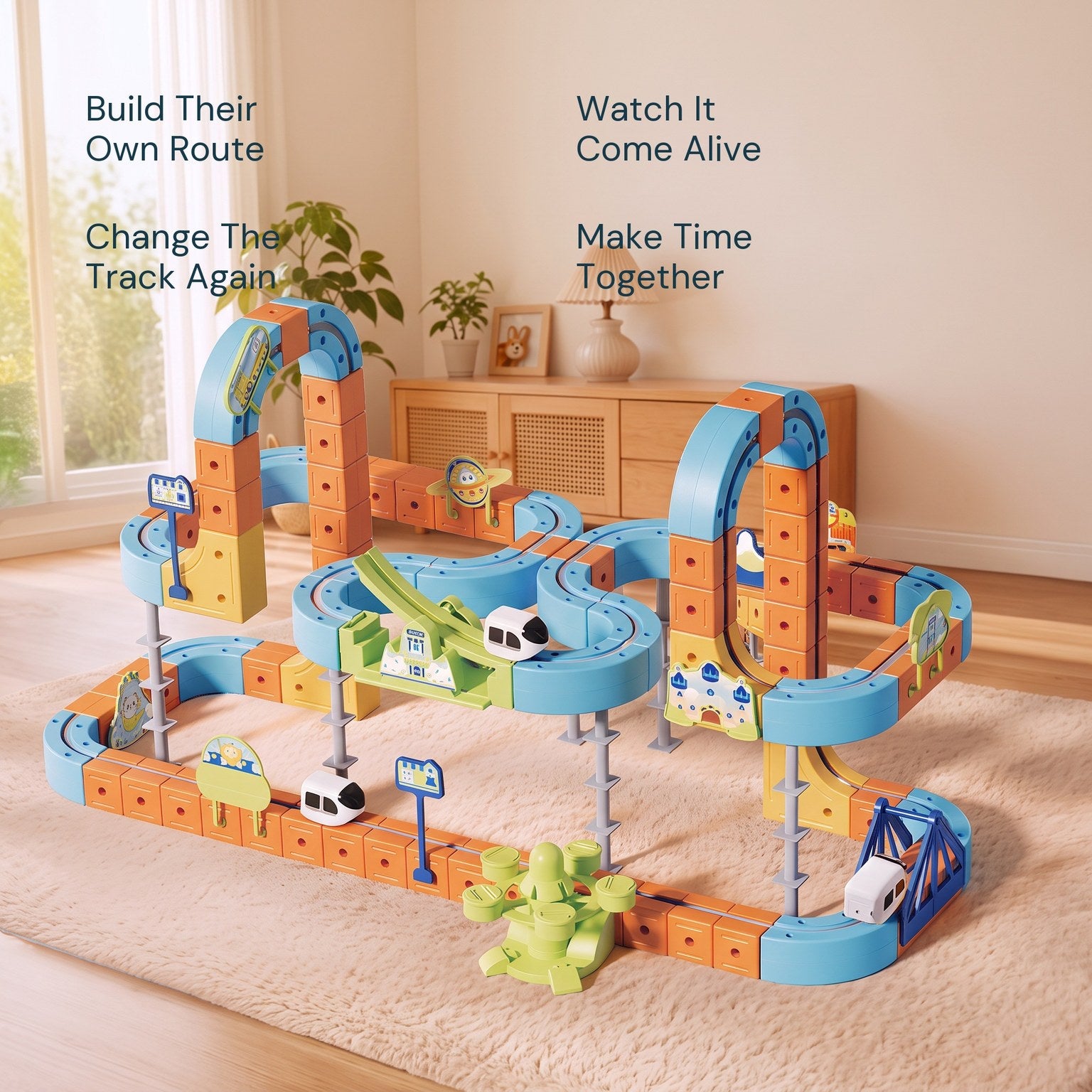 Magnetic blocks connect to build a train route