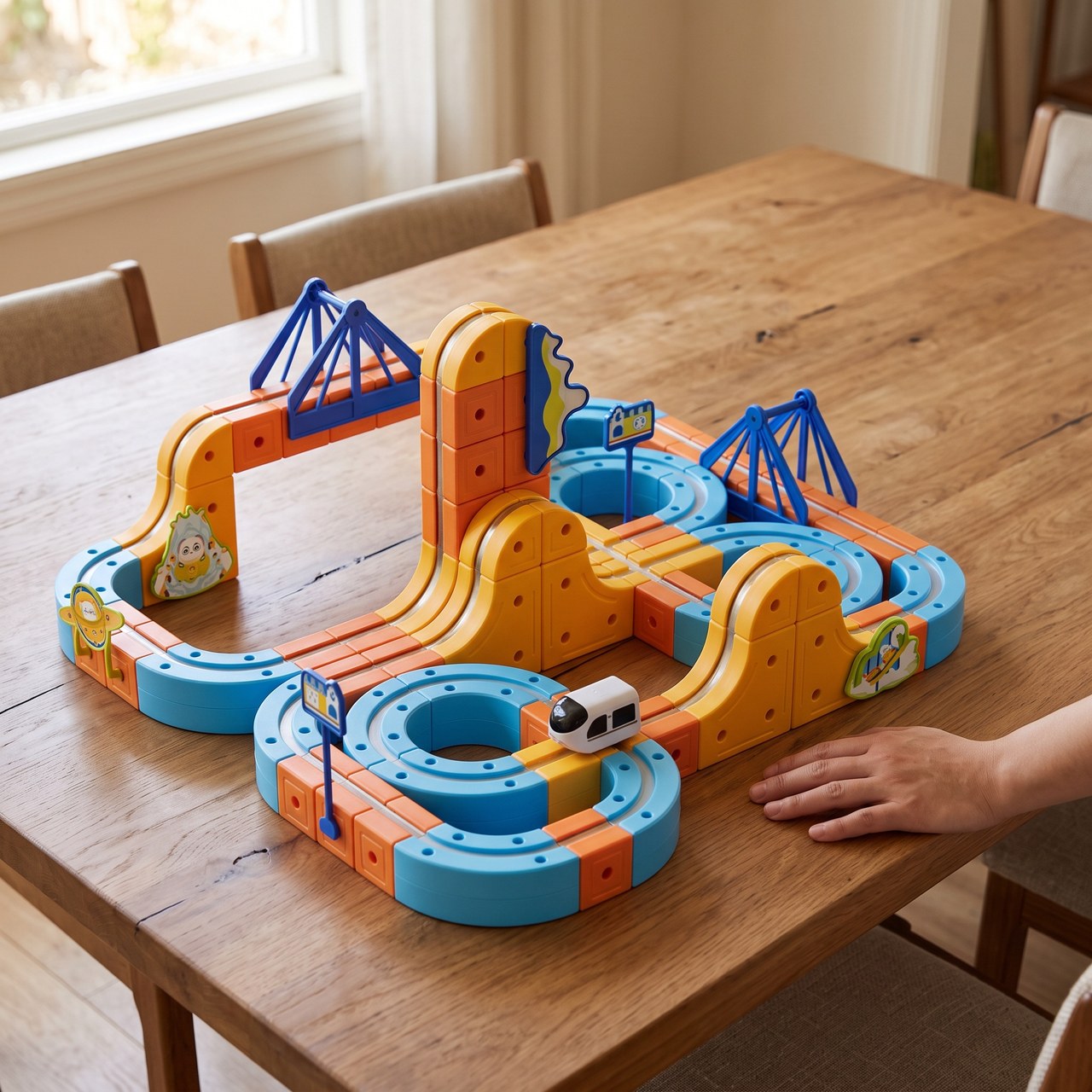 Parent and child arranging a magnetic railway together