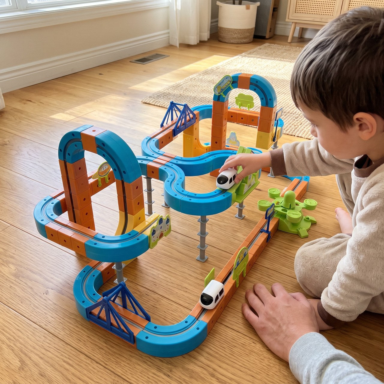 Child watching a magnetic train railway on the living-room floor
