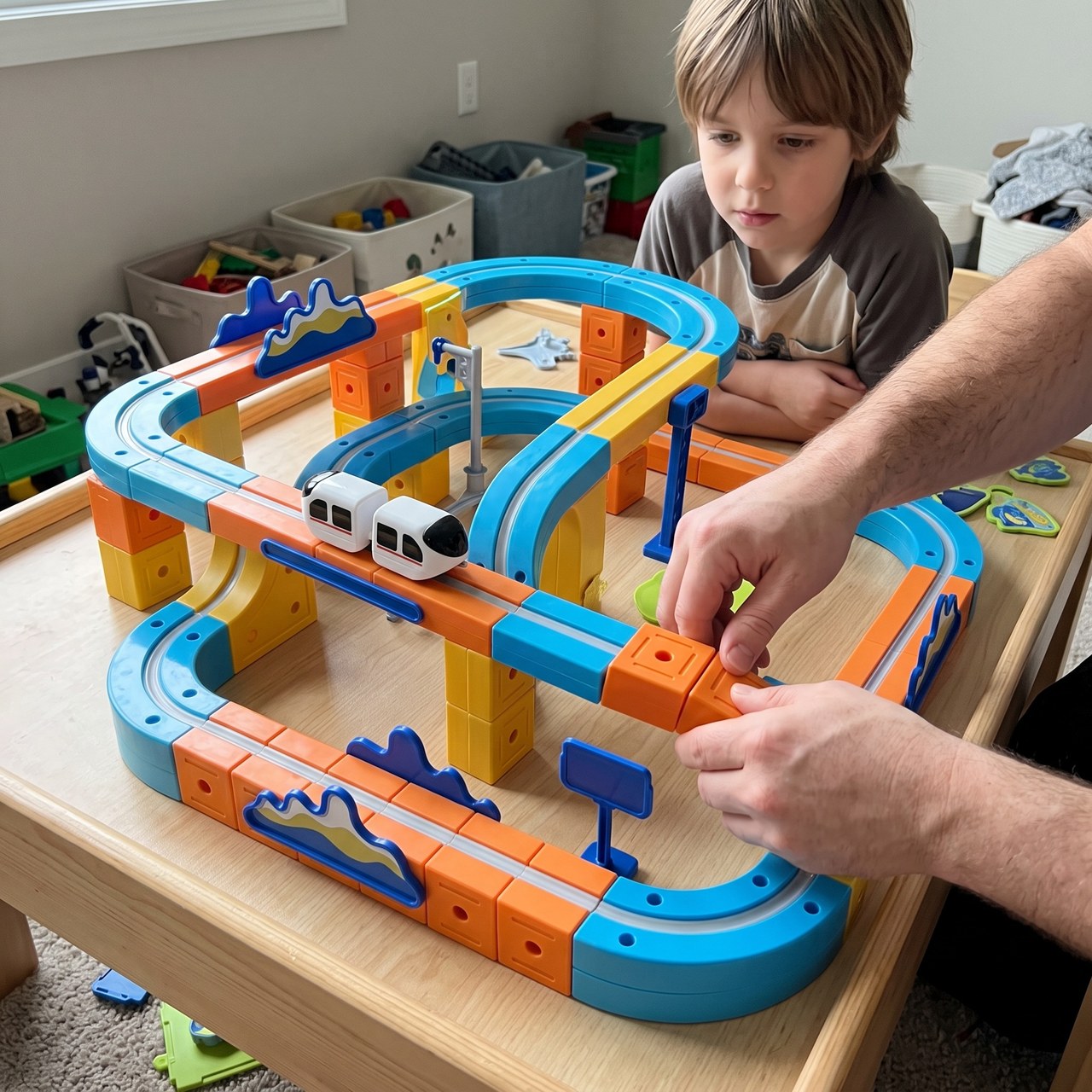 Parent and child joining magnetic track blocks at a table