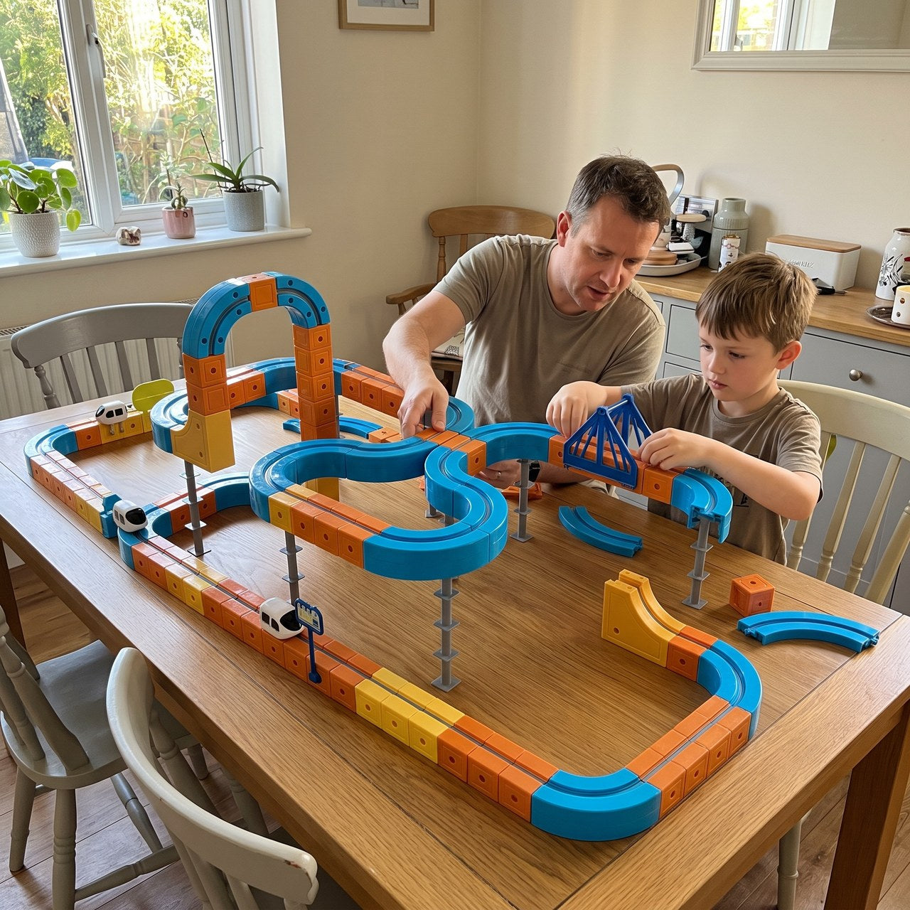 Parent and child building a magnetic railway on a dining table