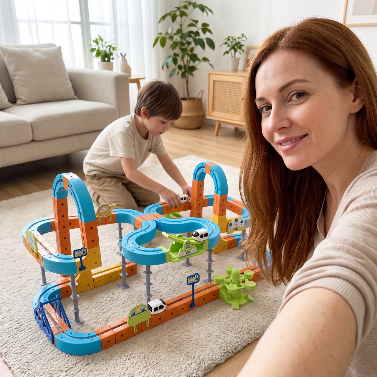 Parent taking a selfie beside a child and their finished railway