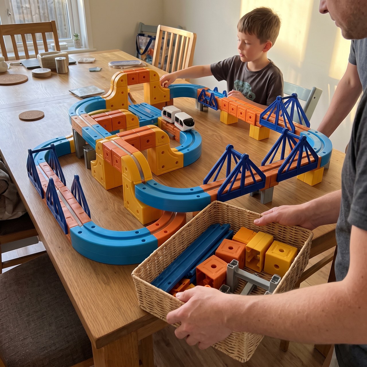 Family packing magnetic railway pieces into a box