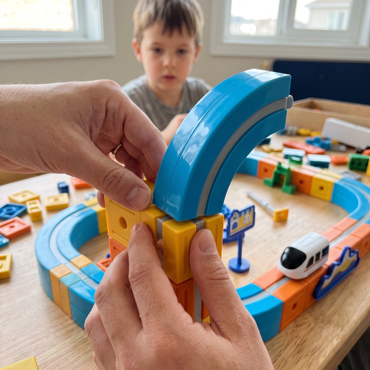 Hands joining magnetic blocks below a blue curved rail