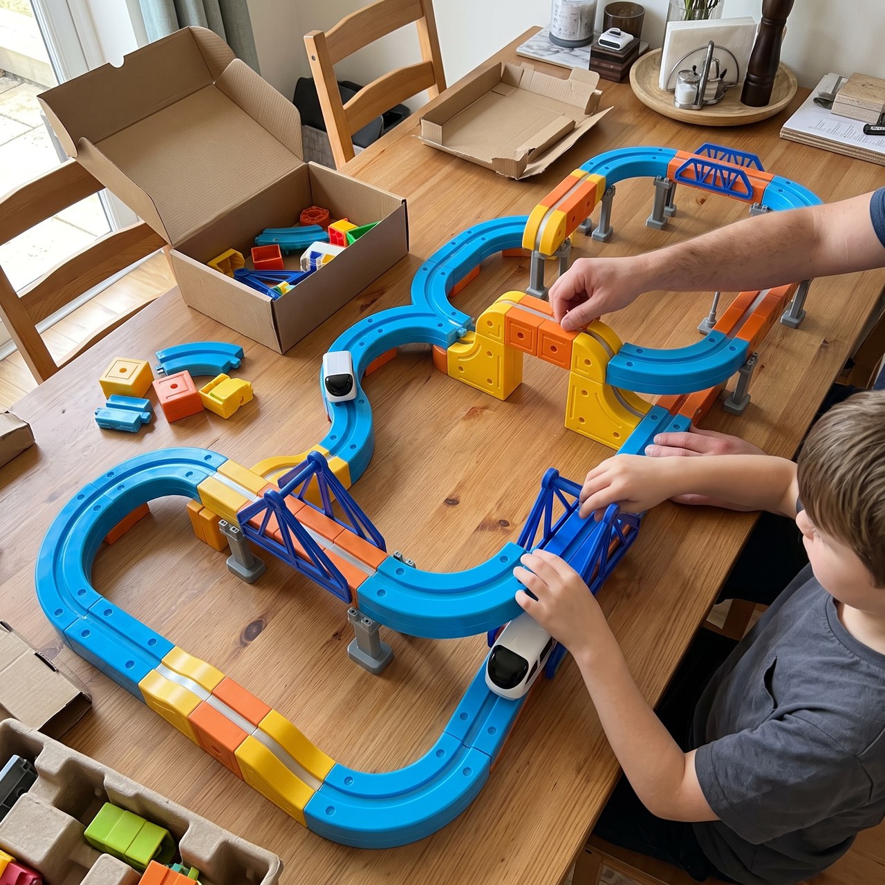 Hands arranging magnetic track blocks beside a storage box