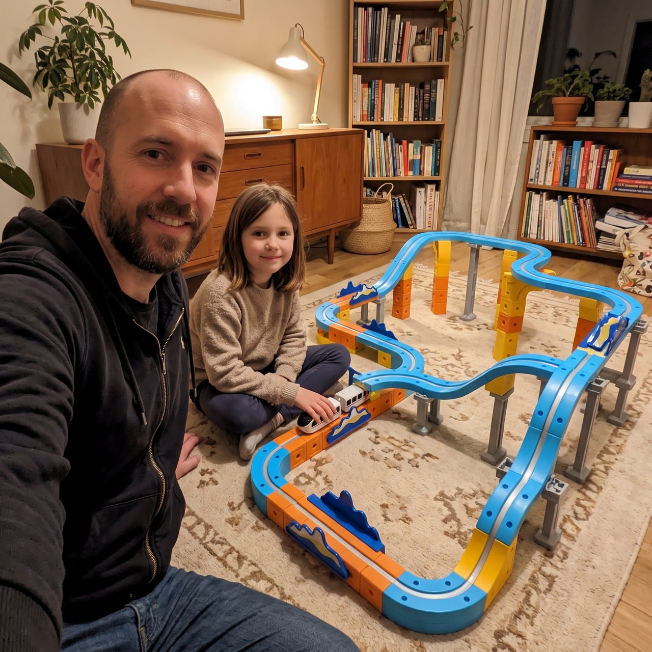 Parent taking a selfie beside a child and their railway