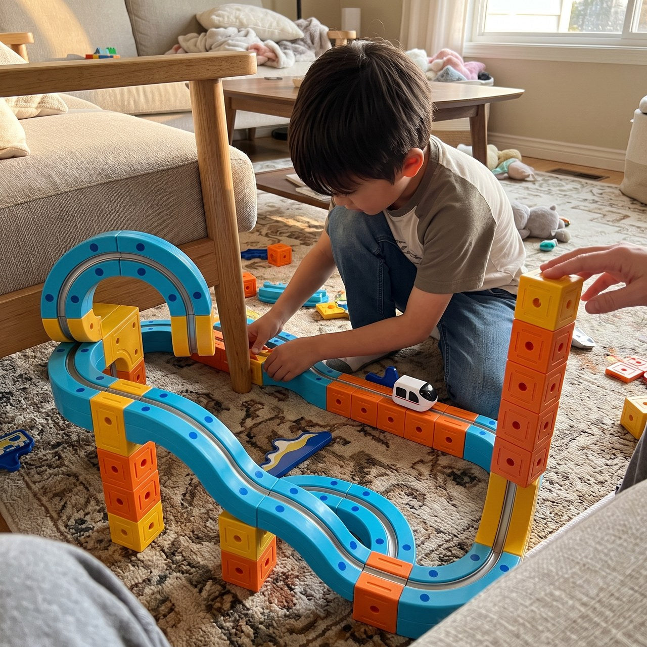 Child reconnecting a blue track section on the floor