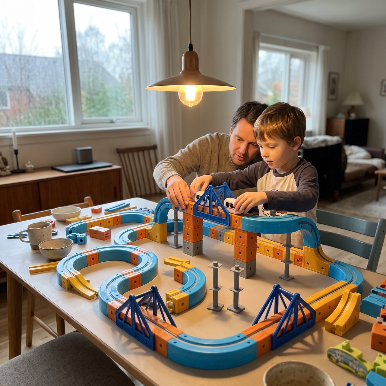 Parent and child building a railway at a kitchen table