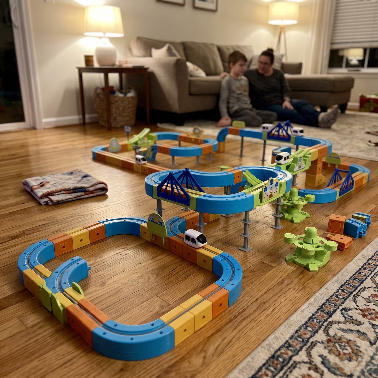 Family watching a completed railway on the living-room floor