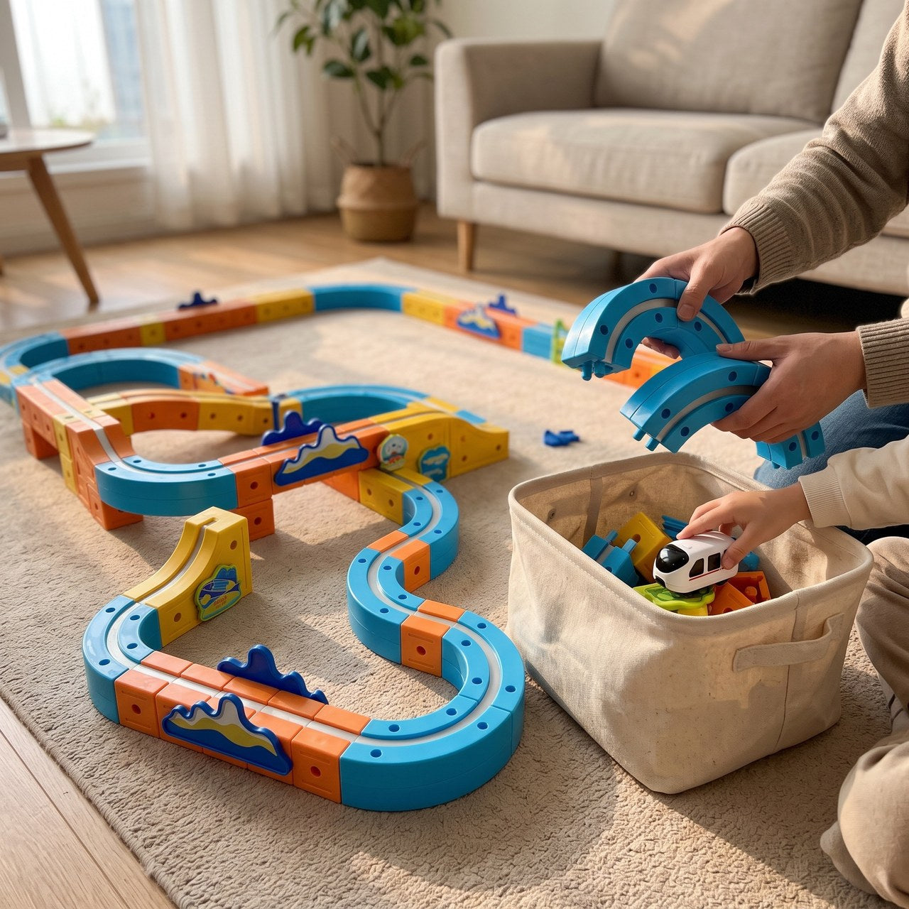Hands packing magnetic railway pieces beside a storage bag