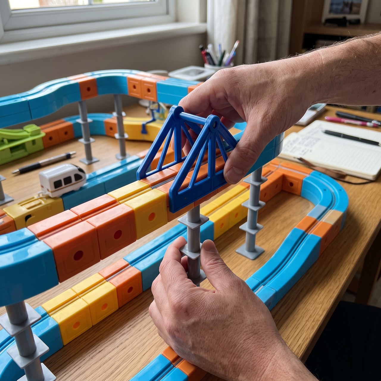 Hands attaching a blue bridge to a magnetic railway