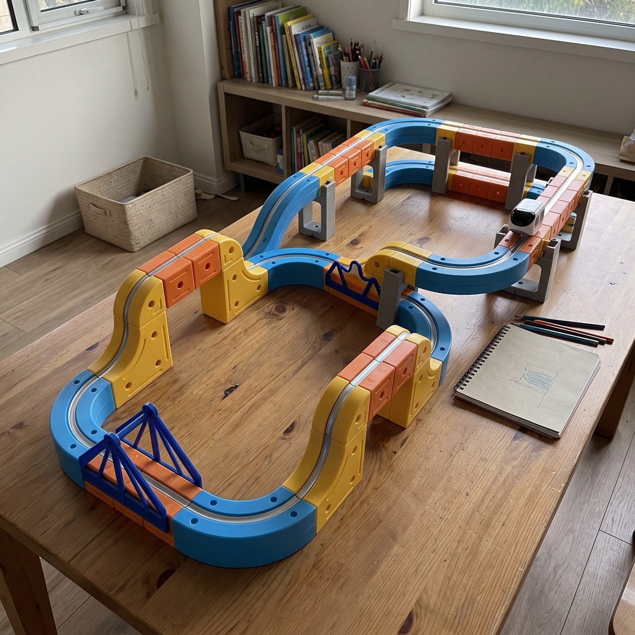 Magnetic train railway arranged beside a sofa and storage box