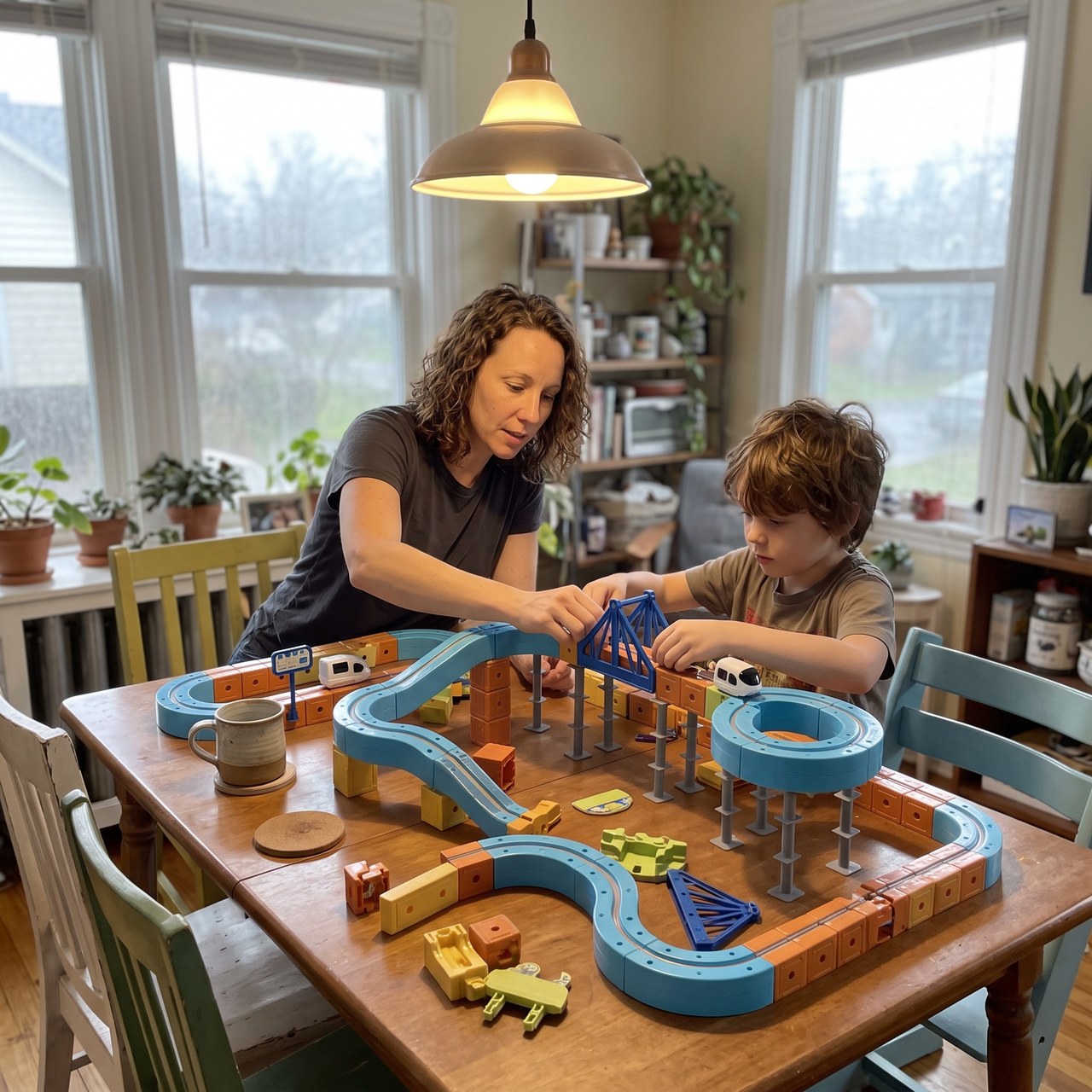 Olivia sharing a rainy-afternoon railway build at the dining table