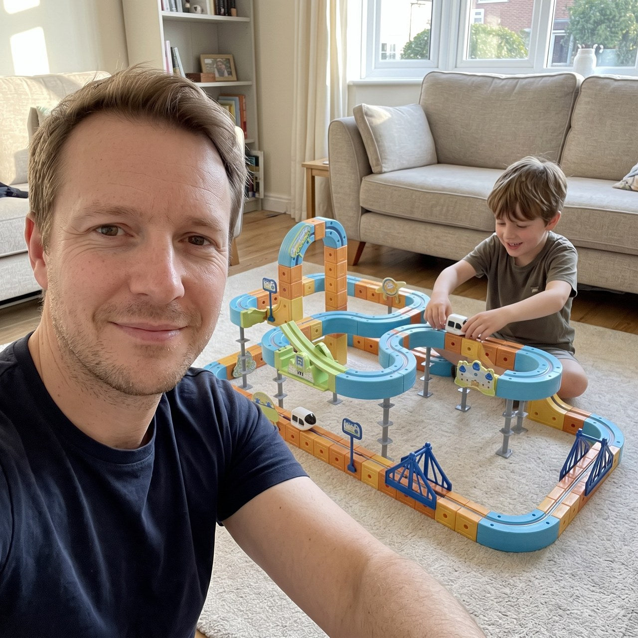 James taking a selfie beside his son’s floor railway
