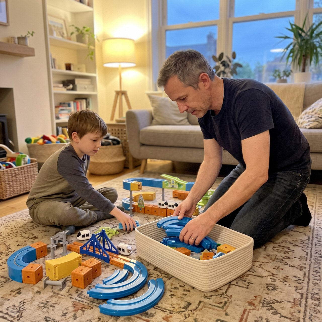 Thomas packing magnetic railway pieces away after play